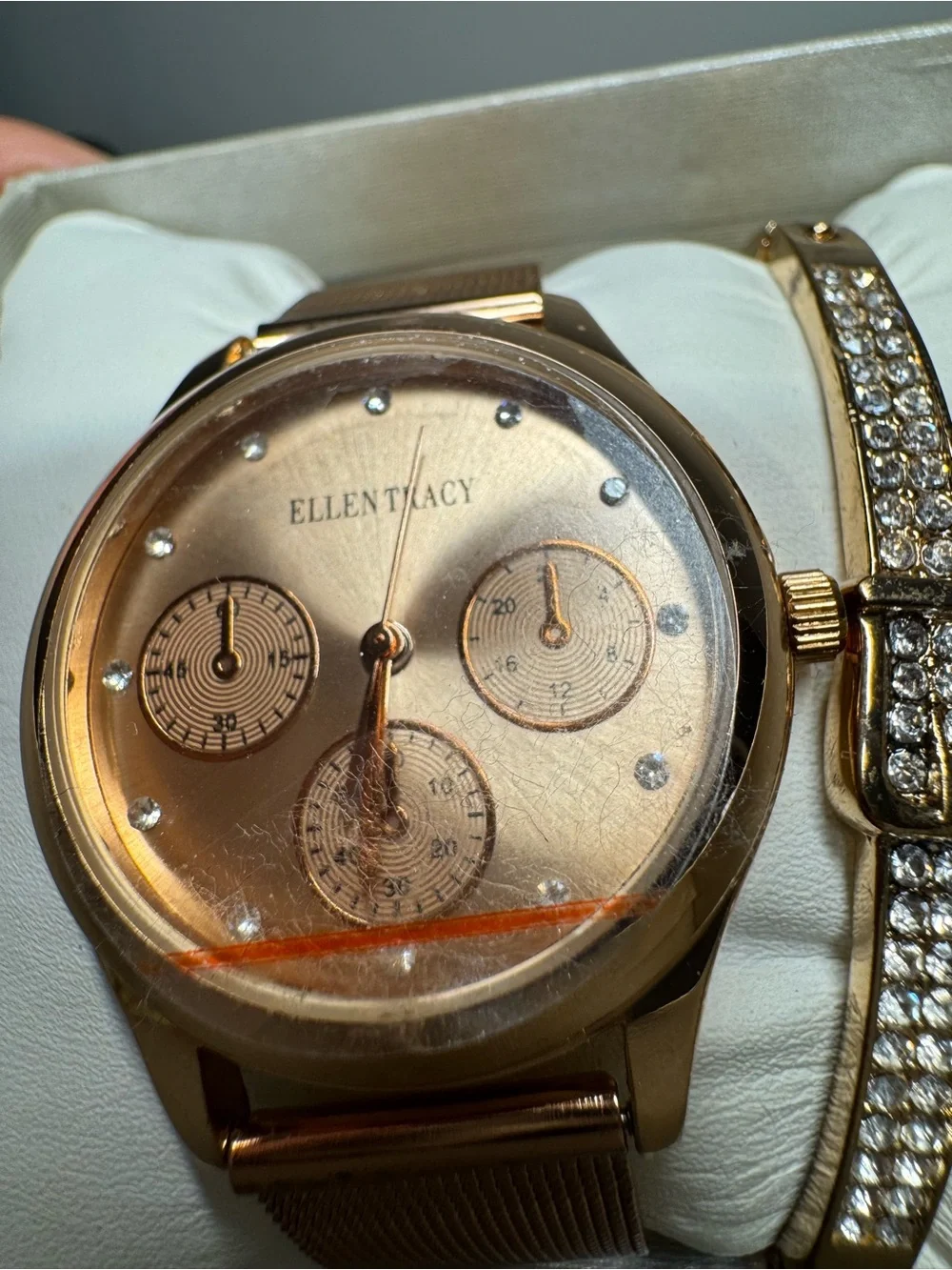 Ellen Tracy Rose Gold Watch with Crystal Accent Bracelet Set